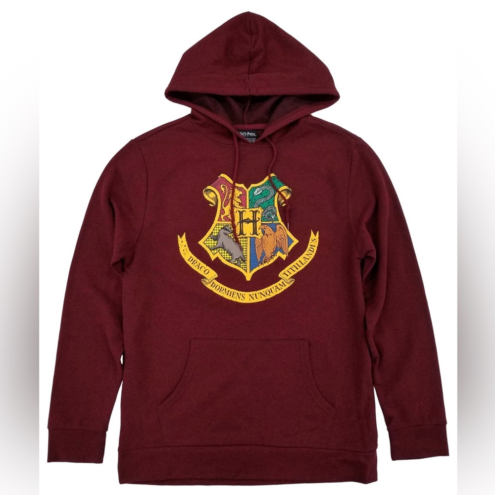 Harry Potter Hogwarts Crest Maroon Heather Pullover Hoodie Sweatshirt, Like New